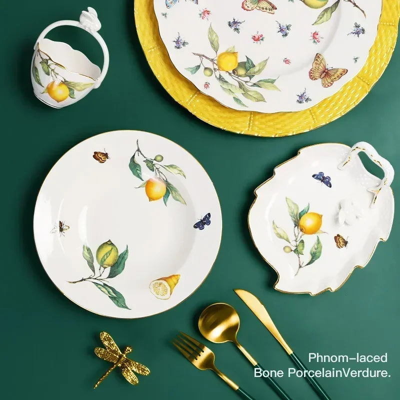 Europeanc Style Ceramic Dining Plate Elegant Lemon Pattern Dinner Steak Plate Coffee Cup Set Western Cuisine Dessert Plate.