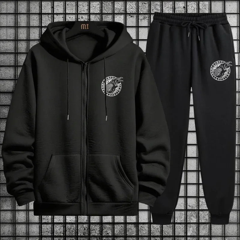 Viking Raven Print Mens Casual Tracksuit Set 2025 New 2 Pieces Zipper Hoodie with Pants Urban Streetwear Outfit Autumn Winter.