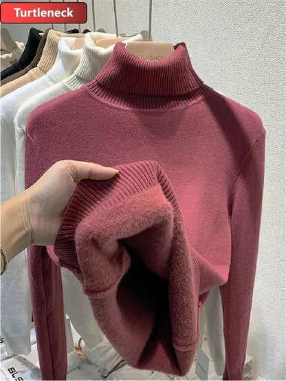 2025 Einteiliger Rollkragenpullover aus Nerz-Samt, verdickt, warme Innenpullover für Damen mit gestricktem Hemdpullover