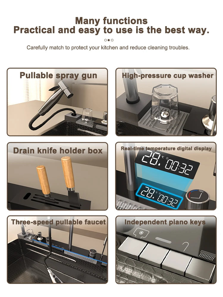 New Stainless Steel Waterfall Kitchen Sink  Large Single Slot Many Different Styles of Sinks Multifunctional Wash Bowl