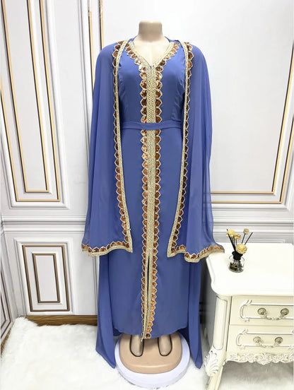 Elegant Muslim Abaya for Women Dress 2 Piece Set Chiffon Cloak Caftan Indian Party Dresses Sequins Kinono Robe Vestidos Abayas