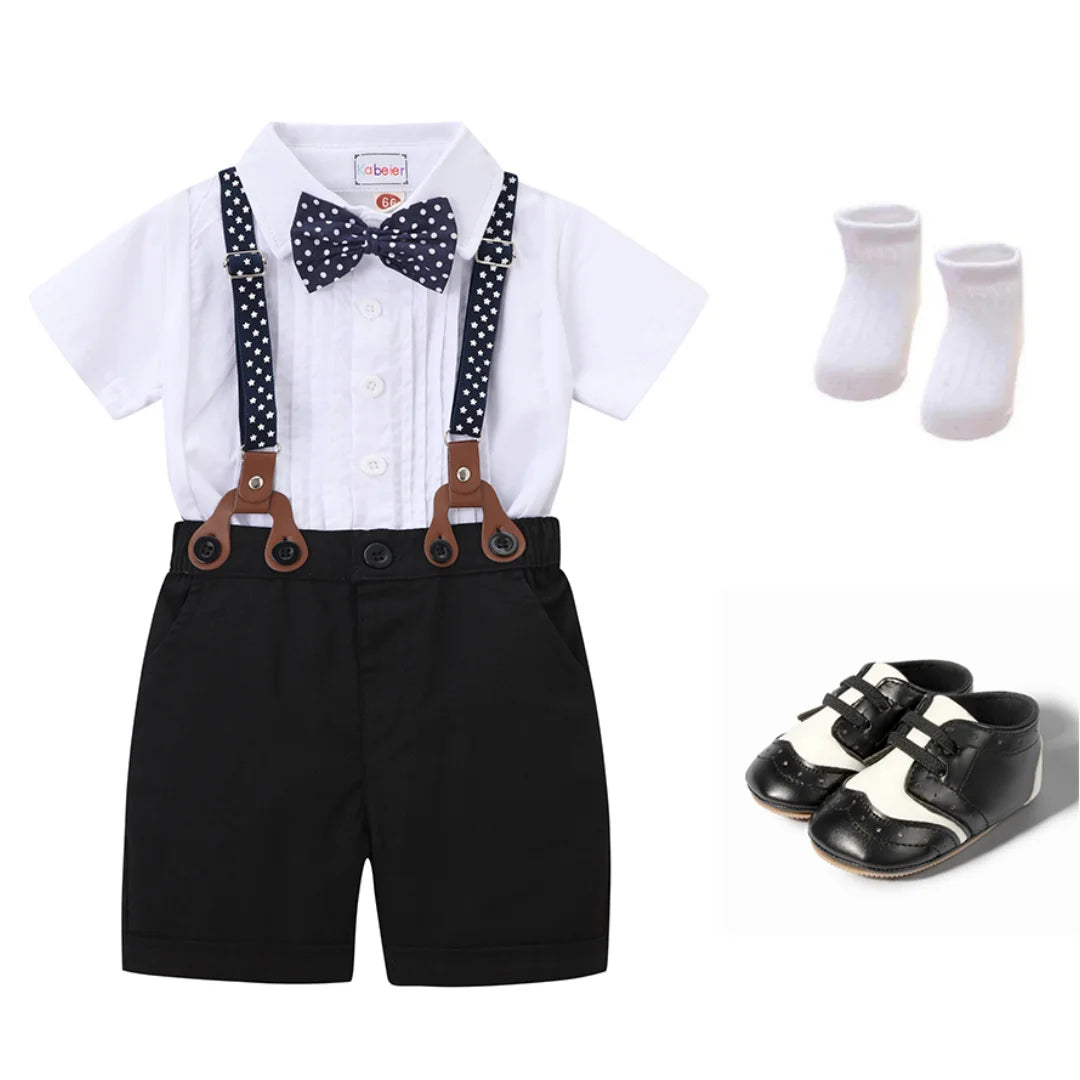 Black & White Classic Baby Boy Clothes Strap Set for Infant 1st Birthday Party Summer Short Sleeve Romper with Solid Shorts Suit.