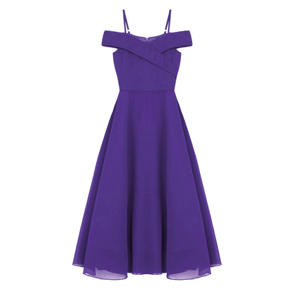 Elegantes Chiffon-Partykleid für Mädchen, schulterfrei, verstellbarer Spaghettiträger, bodenlanges Maxikleid für Hochzeit, Geburtstag, Abend