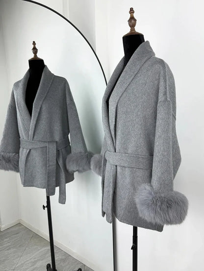 2025 Chic Lapel Plush Coat With Belt Women Vintage Faux Fur Sleeve Tweed Open Coats Female Autumn Winter Casual Street Outwear