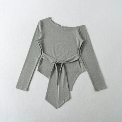 Sexy Long Sleeve T-Shirt Women's Waist Cinched Shoulder Bared Strap Design Autumn 2025 Irregular Halter Neck Top for Trendy Girl.