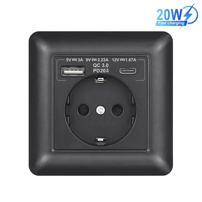 SRAN USB-Wandsteckdose, 20 W, schnelles Laden und 5 V, 2 A, EU-Standard, 82 x 82 mm, flammhemmendes PC-Panel, USB-Typ-C-Kombination.