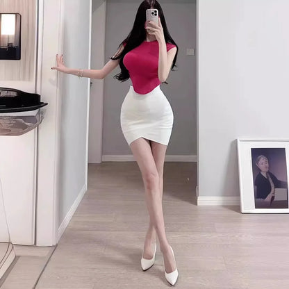 42CM Length Bandage Skirts Women Sexy High Waist Bodycon Mini Asymmetric Skirt Elastic High Street Evening Club Party Bottoms.