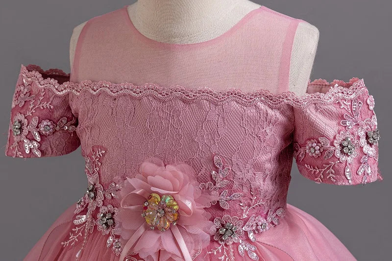 2025 Neues Sommer-Blumenmädchen-Abschluss-Performance-Frack, besticktes Partykleid, nachgestellter Tüll, 3–11 Jahre alt, das Mädchenkleid.