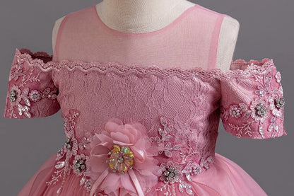 2025 Neues Sommer-Blumenmädchen-Abschluss-Performance-Frack, besticktes Partykleid, nachgestellter Tüll, 3–11 Jahre alt, das Mädchenkleid.