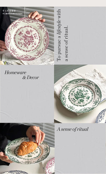 8/10Inch French Vintage Rose Ceramic Plate European Style Dinner Dishe Plates Salad Dessert Dinner Dish Household Art Tableware.