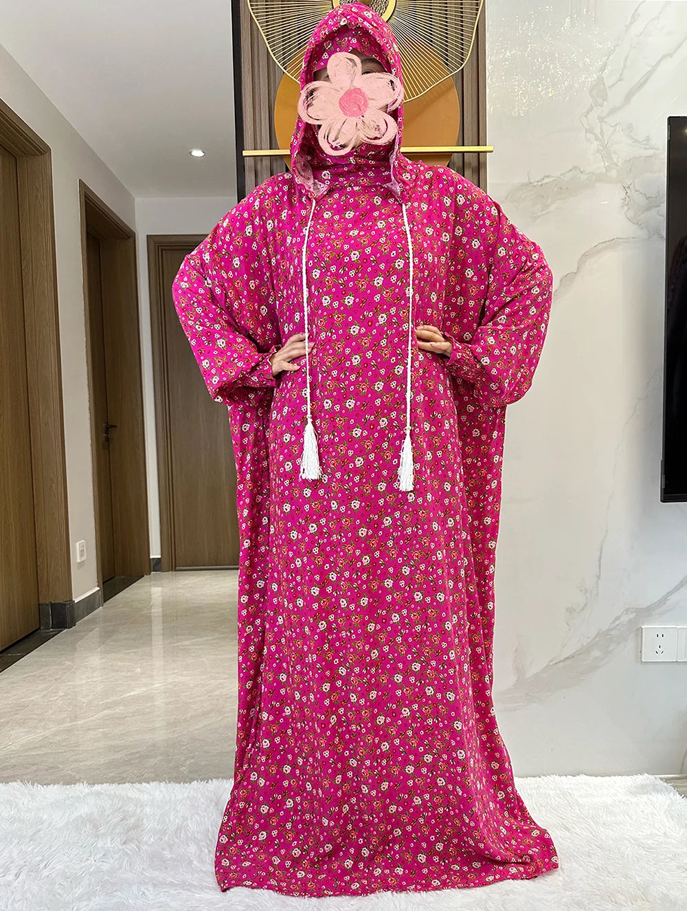 New Ramadan Muslim Two Hats Abaya Dubai Turkey Islam Prayer Clothes Floral Cotton Long Dress Islam Women Dress Kaftan.
