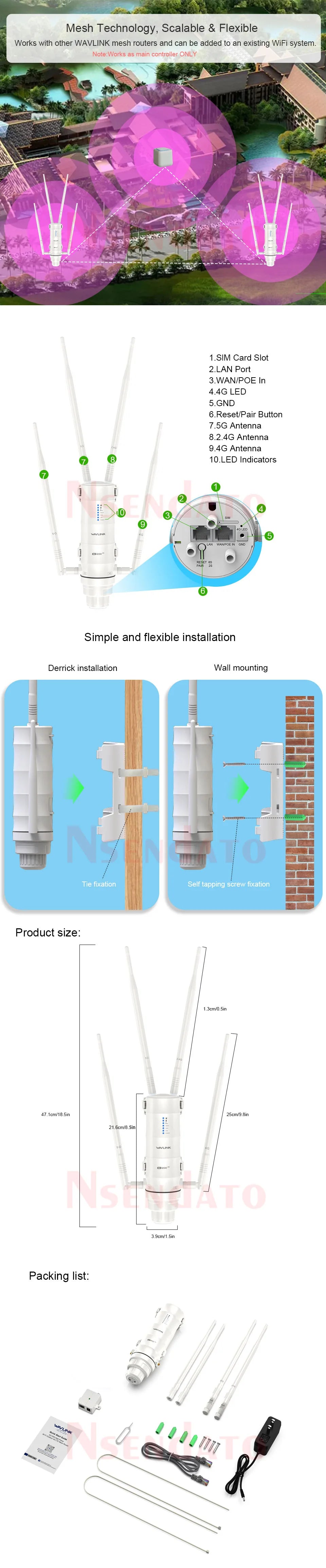 AC1200 WAVLINK 4G LTE With SIM Card Slot Outdoor WIFI Router 2.4G/5G High Power Long Range Wifi Router With 4x7dBi omni Antennas.