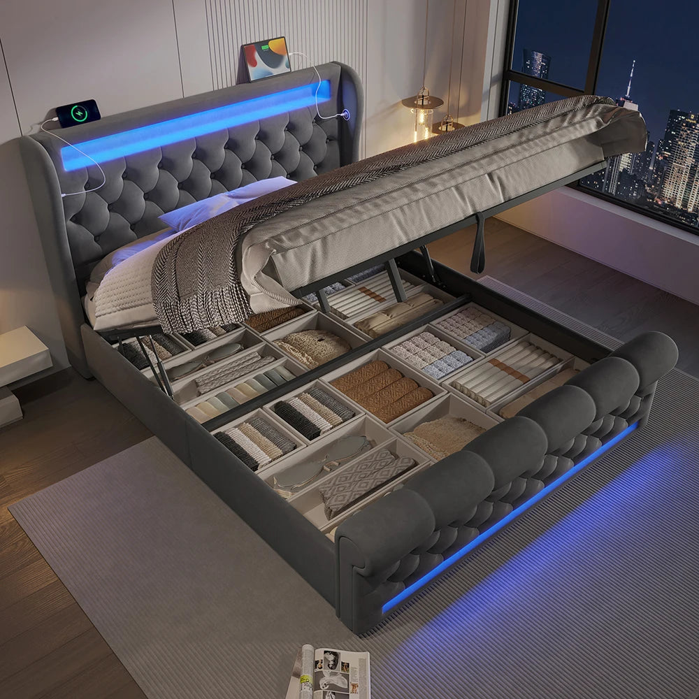 KOMHTOM Modernes Polsterbett Einzelbett 90x200cm mit LED-Leuchten, USB- und Typ-C-Anschlüssen, Hydraulisches Stauraumbett