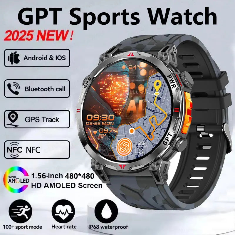 2025 GPS Sports Smart Watch GPT AMOLED 1.56 inch 488 * 488 Heart Rate Blood Oxygen Blood Pressure Monitoring 3ATM Smartwatches