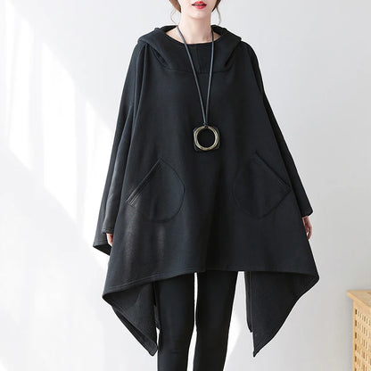 #3342 Black Cape Hoodie Woman Batwing Sleeve Loose Asymmetrical Hoodies Sweatshirts Pockets Thick Long Hooded Sweatshirt Femme.