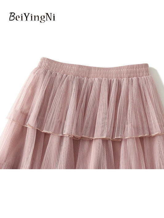 Beiyingni Woman Mesh Long Midi Cake Skirt Solid Color Elegant French Tiered Fairy Tulle Skirts Khaki Casual High Waist Faldas.
