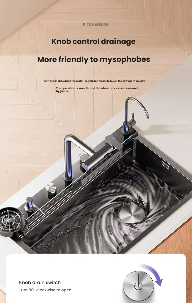 Household Intelligent Stainless Steel Kitchen Sink Digital Display Waterfall Wash Dish Basin Honeycomb Emboss Large Single Slot