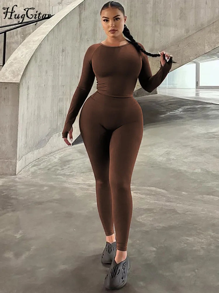 Hugcitar Pure Color Long Sleeve Crop T-Shirt Legging 2 Piece Matching Sets 2024 Spring Women Fashion Streetwear Sports Tracksuit.