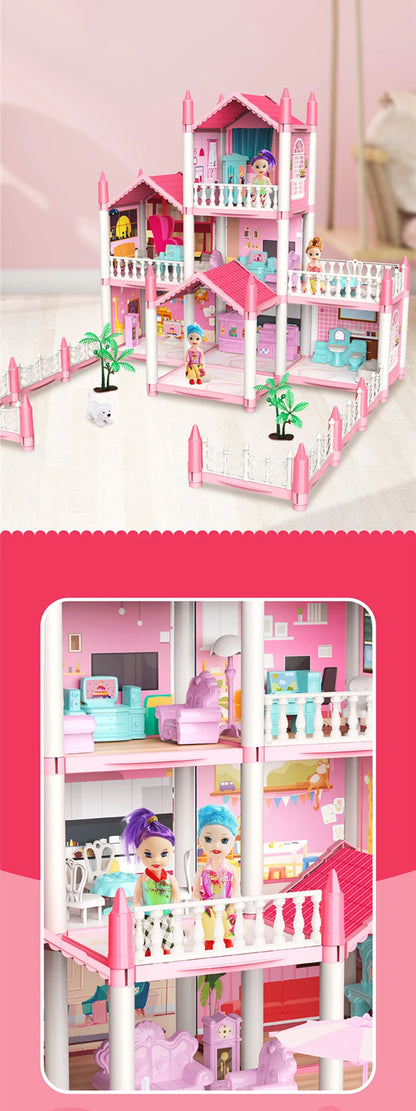Girls Toddler Doll House - Large Doll House with 4 Dolls, Furniture, Accessories, LED Lights, 4 Stories Princess Dream House Toy.