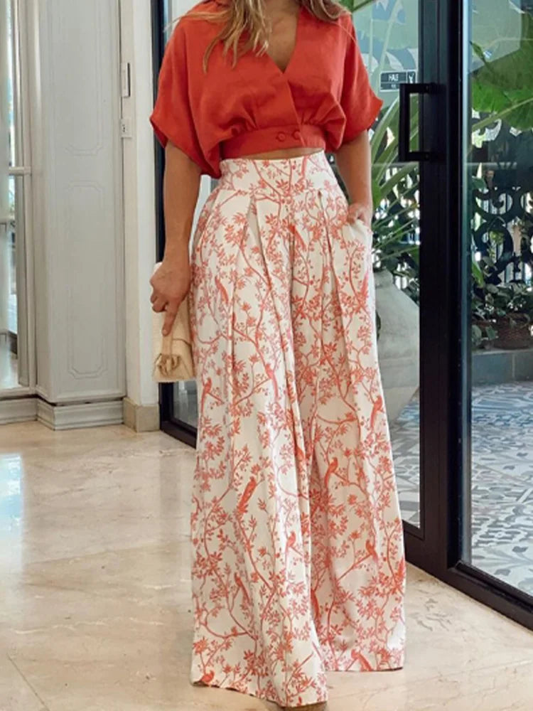 Solid Color V-neck Short Sleeved Floral Print Women's Wide Leg Pants High Street Fashion Daily Versatile Summer Set.
