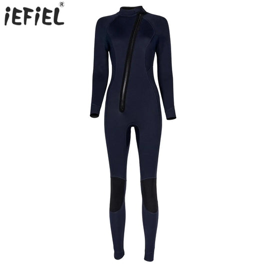 Women 3mm Neoprene One-Piece Thermal Wetsuit Mock Neck Long Sleeve Front Zipper Jumpsuit for Swimming Surfing Snorkeling Diving.