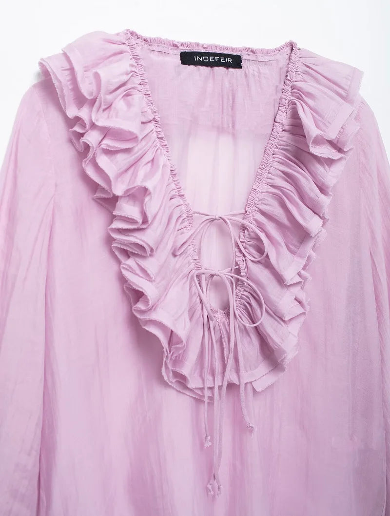 MUJER 2025 Ruffle Blouses for Women Semi Sheer Casual Blouse Woman Pleated Summer Shirts and Blouses Women Long Sleeve Women Top.