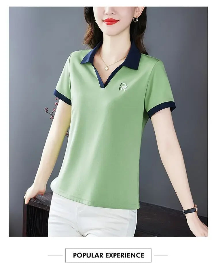 Women's Slim Fit Polo Shirt Short Sleeve T-Shirt Casual Sporty Loose Fashionable Summer Top Turn-down Collar Comfortable.
