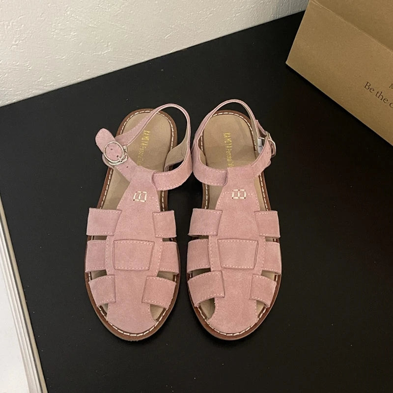 DIMANYU Women's Roman Sandals 2023 Summer New Flat Retro Real Leather Ladies Sandals Hollowed Women's Cage Shoes.