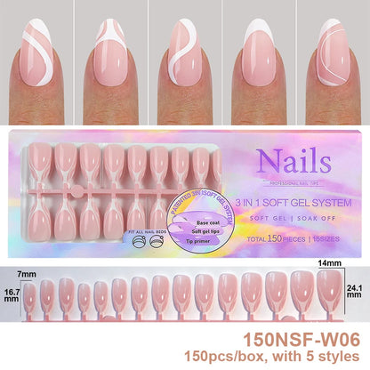 150Pcs/Box Acrylic Press on Nails Full Cover Fake False Tips Soft Gel Extension T-shaped Oval Capsule Almond Sculpted Salon DIY
