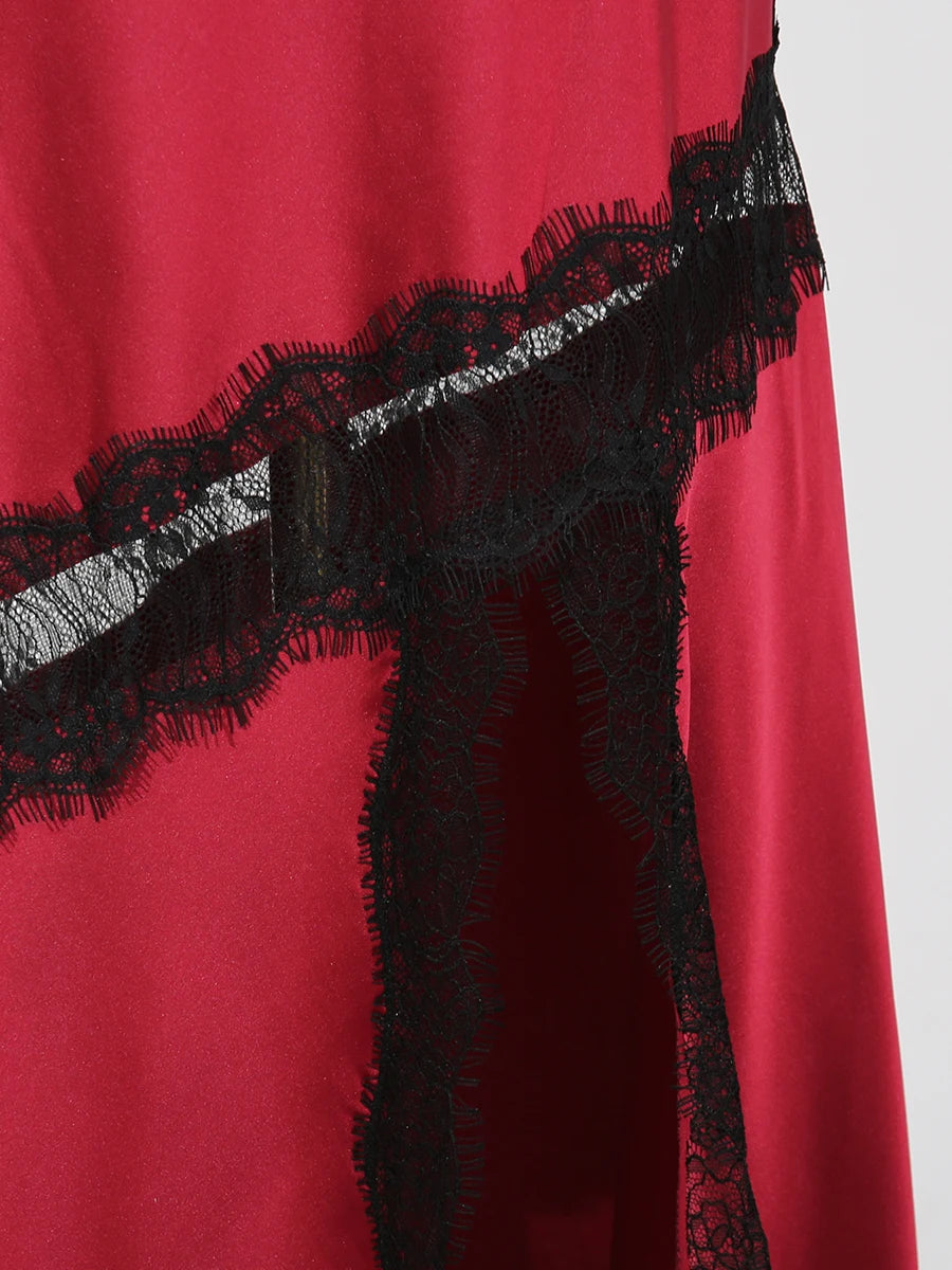 GALCAUR Hit Color Sheer Spliced Lace Elegant Skirts for Women High Waist Patchwork Split Temperament Skirt Female Fashion Style.