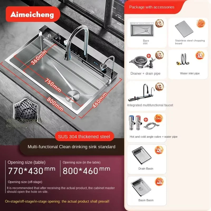 Küchenspüle aus Edelstahl mit Wasserhahn, Digitalanzeige, große Einzelschüssel, Wasserfall, Regen, 5-Funktionen-System, Spülbecken, Spüle
