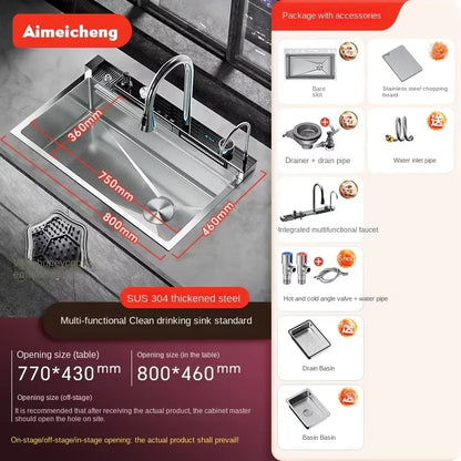 Küchenspüle aus Edelstahl mit Wasserhahn, Digitalanzeige, große Einzelschüssel, Wasserfall, Regen, 5-Funktionen-System, Spülbecken, Spüle