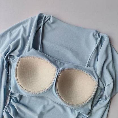 Yoga Clothes Women Sports Tops Fixed Chest Pads Mesh Splicing Slimming Long Sleeves Fashionable Running Training Fitness Clothes.