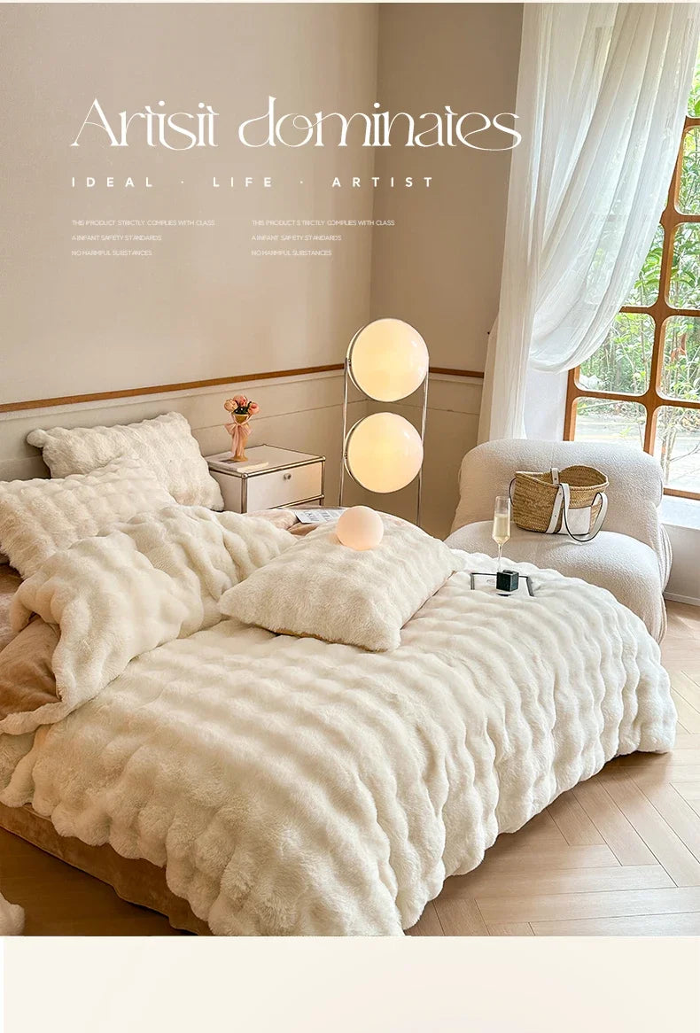 2024 new solid color colorful rabbit wool four-piece set, one side of rabbit fur and one side of milk wool thickened warm.