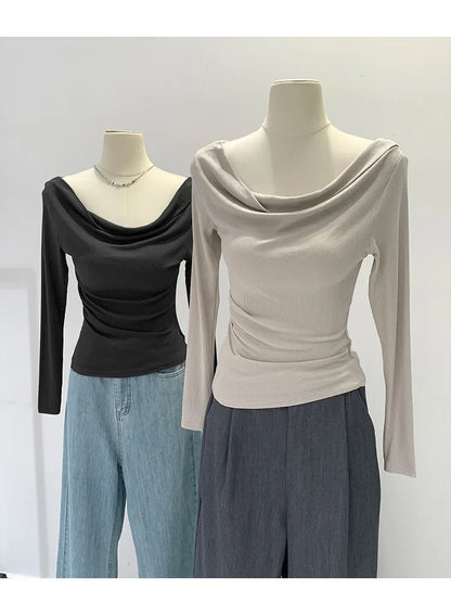 Off-The-Shoulder Long Sleeve T-Shirt Women's Early Autumn New Slimming Design Korean Style Sweet And Spicy Fashion Tops