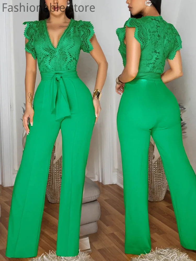 Women's Sexy Sleeveless Lace Patchwork Jumpsuits Solid Color Hollow Out Belted Wide Leg Rompers.
