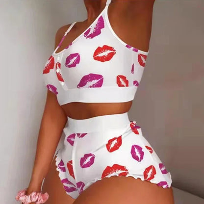 Frauen Nachtwäsche Lippen Schmetterling Drucken Hause Ausgesetzt Pyjamas Set Weste Bh Top Kurze Nachtwäsche Dessous frauen Nachthemd.