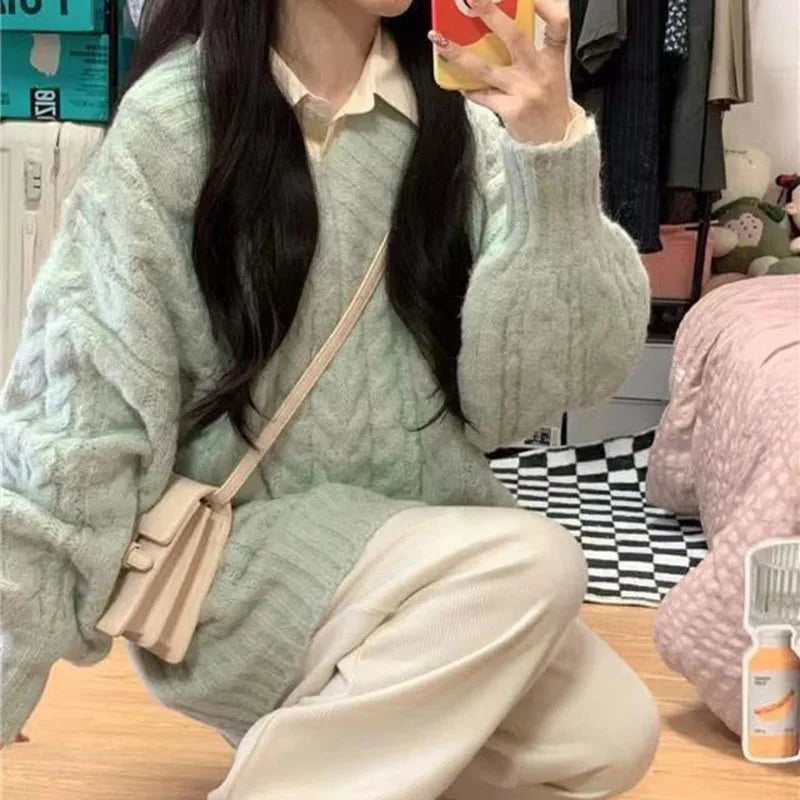 Herbst Winter Frauen Pullover Harajuku Übergroßen Gestrickte Pullover Koreanische Langarm V-ausschnitt Strickwaren Preppy Solide Lose Jumper