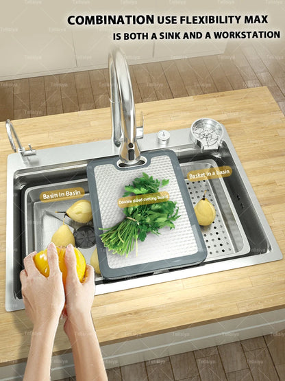 Küchenspüle aus Edelstahl 304, silberfarben, großes Einzelschlitz-Unterbaum-Multifunktionsspülbecken, Geschirrspülbecken