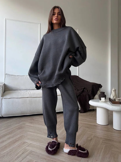 Two Piece Ripped Set Women Knit Tracksuits O Neck Long Sleeve Casual Baggy Sweatshirts+ Joggers Pants Outfits 2025 Fall Winter