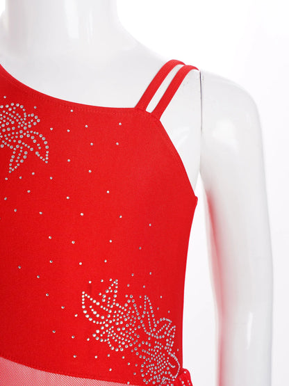 6–16 Jahre Mädchen, modernes lyrisches Tanzkleid, ärmellos, glänzender Strass-Trikot, Tanzkleidung für Skating, Gymnastik, akrobatische Leistung.