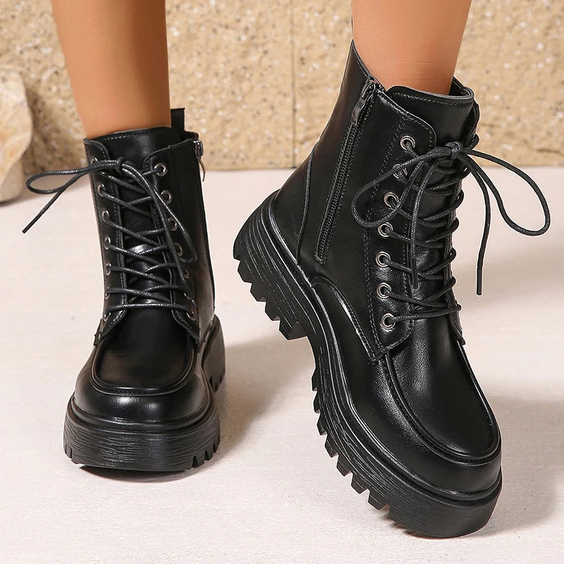Women's Pu Leather Platform Ankle Boots Plus Size 35-42 Lace Up Motorcycle Boots Women Comfort Wide Leg Black Short Booties.