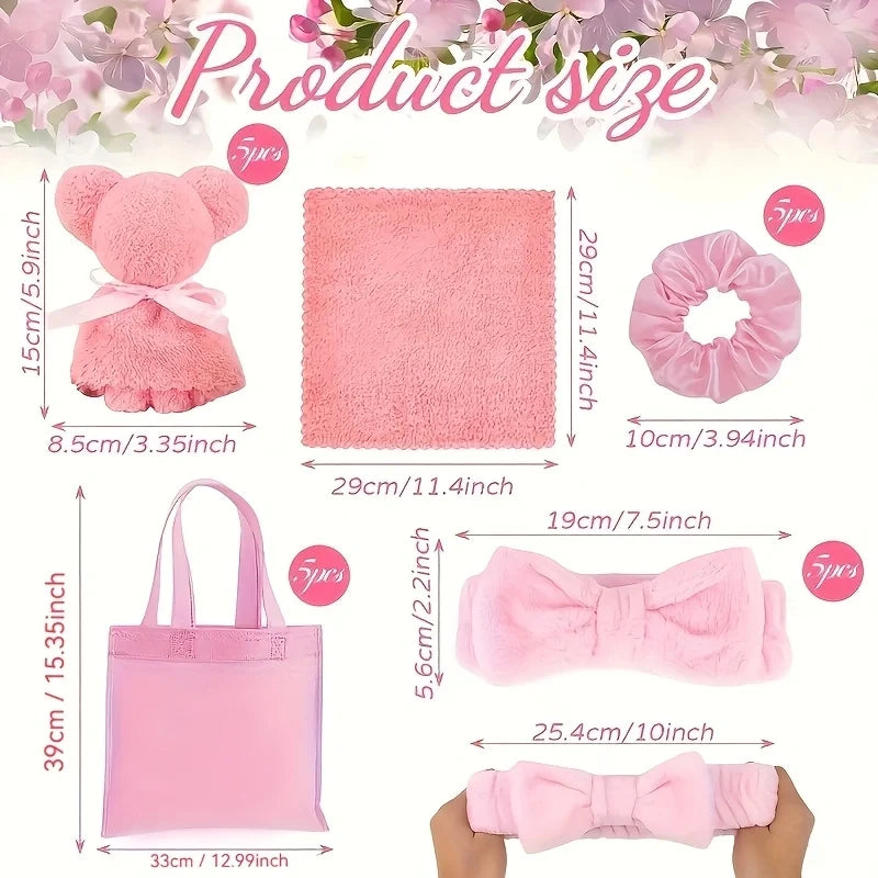 20 Spa Gift Set -5 Polyester Large Bags, 5 Headbands, 5 Hair Rings, 5 Bear Shaped Fabrics - Perfect for Bridal Showers, Singles'.