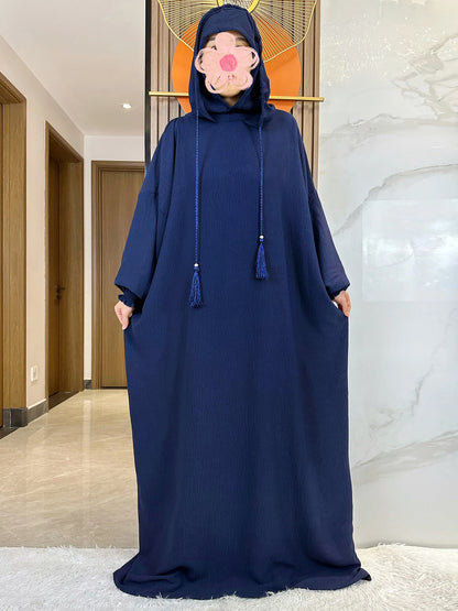 Muslim Abaya Solid Cotton Pullover Two Hat Women Eid Hooded Long Maxi Dress Turkey Kaftan Arab Robe Islamic Hijab Dubai Clothing