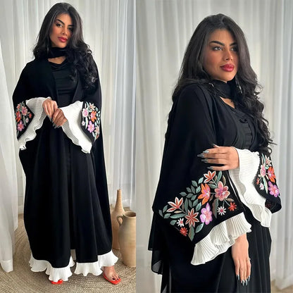 Arabian Embroidery Robe Muslim Women One Size Dubai Fashion Outer Wear Abaya Pleated Splicing Dress.