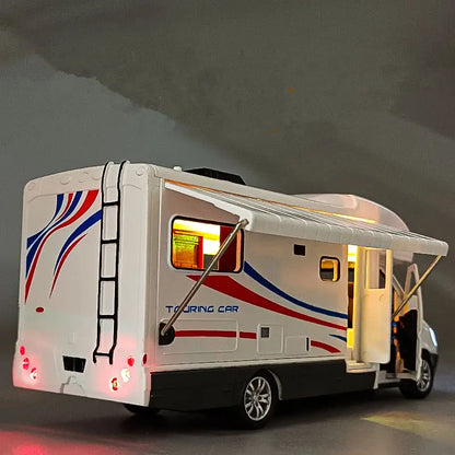 1:28 Diecast Luxury RV Recreational Vehicle Car Model Metal Camper Van Motorhome Touring Car Model Sound and Light Kids Toy Gift.