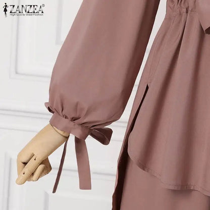 ZANZEA Muslim Women Matching Sets Long Sleeve Solid Color Tops And Loose Pant Suits Elegant Fashion Casual Tracksuit Kaftan 2025.