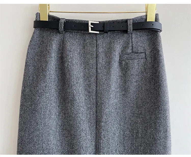 Gray Pencil Skirts Belted Elegant Women Slim Office Ladies Casual A-Line High Waist Split Midi Skirt Autumn Winter