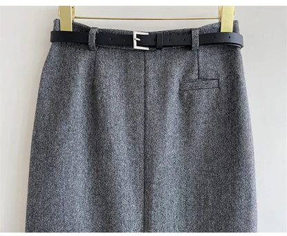 Gray Pencil Skirts Belted Elegant Women Slim Office Ladies Casual A-Line High Waist Split Midi Skirt Autumn Winter