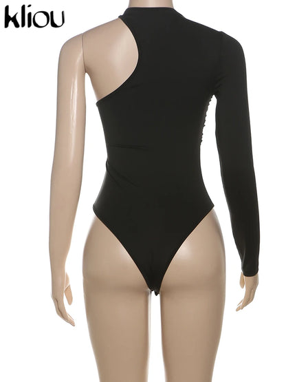 kliou Classic Solid Women Bodysuits Autumn All-matched Stacked Ruched Incline Shoulder Skinny Rompers Female Trend Street  Tops.